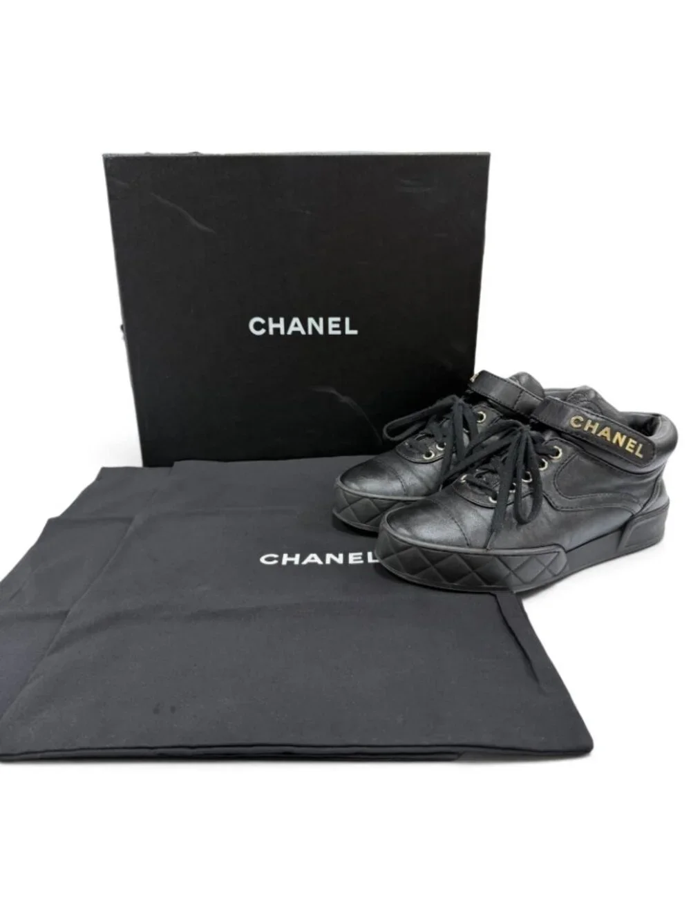 Chanel CC Logo Velcro Lace-up Leather Middle High Top Sneakers Black